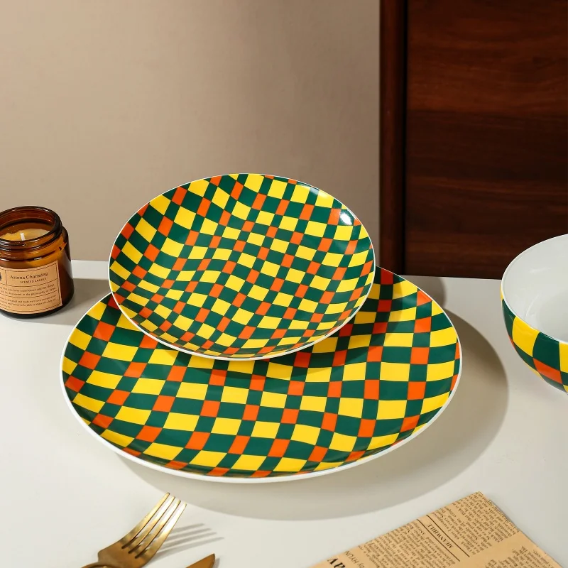 product wholesale porcelain reusable round shape cubic lattice design ceramic dinnerware dessert plate home tableware dinnerware set-4