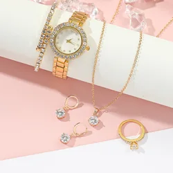 5pcs/set zircon earrings necklace jewelry set Stainless steel gold women's watch Simple jewelry accessory gift
