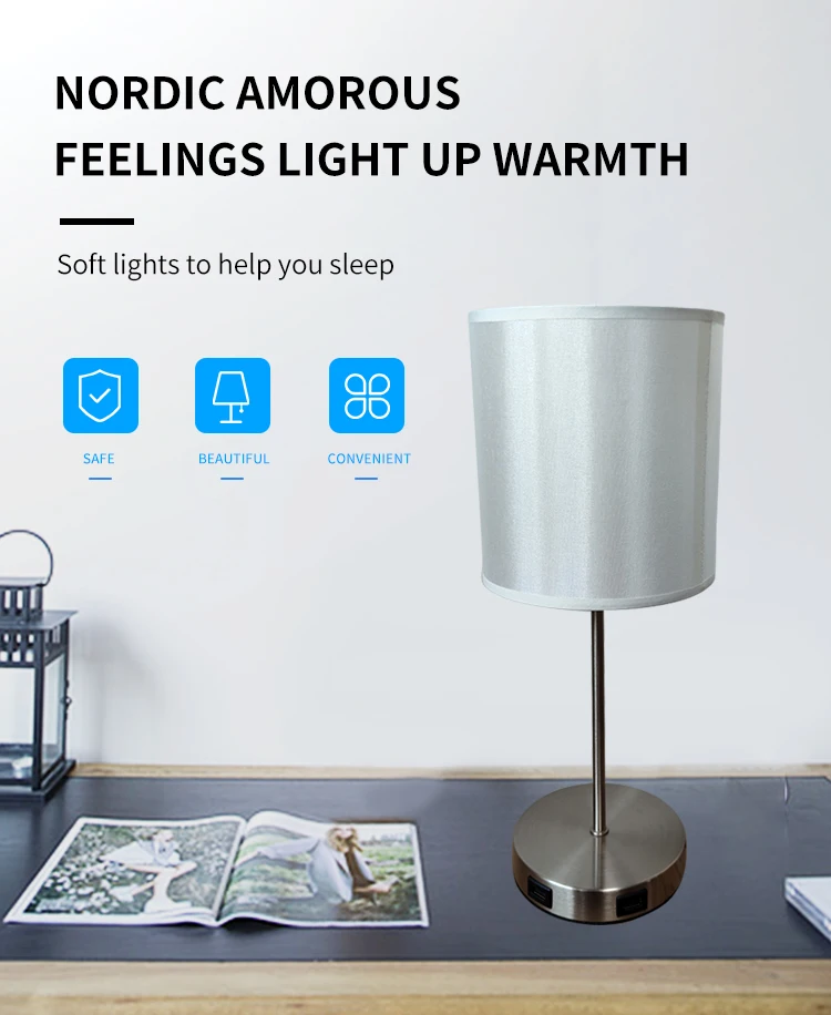 Living room furniture trim lamp Grey TC cloth cover dual USB desk lamp