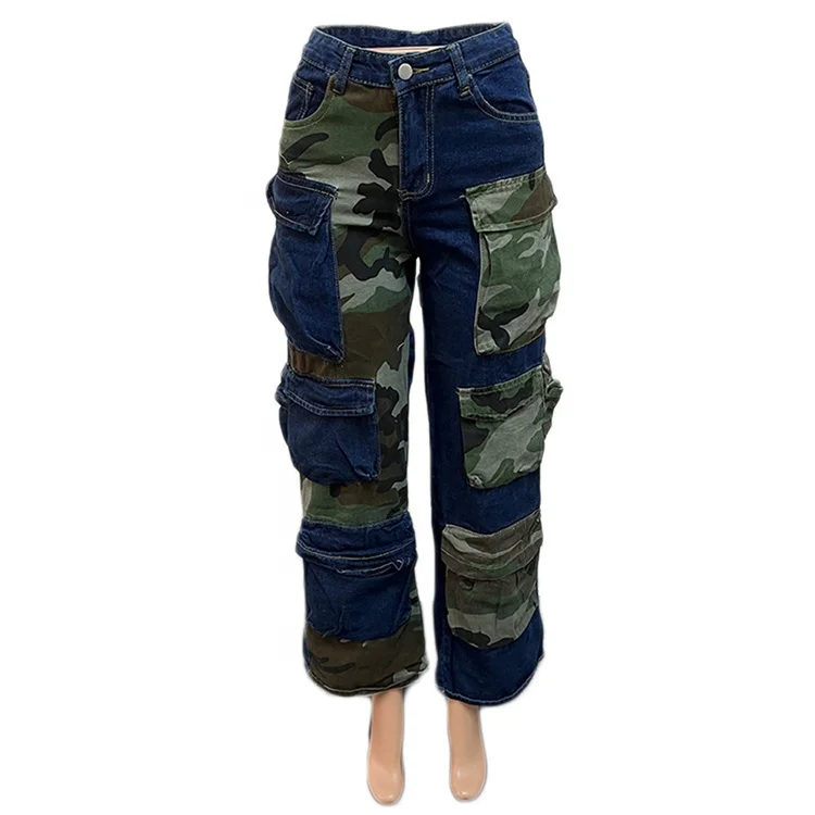 Women Pocket Front Camouflage Patchwork Safari Style Straight Denim Pants 2023 Autumn Winter Street Jeans Cargo Trousers