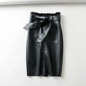 European Women's elegant pleated waist sashes deco split pu skirt ladies faux leather knee length skirts saias