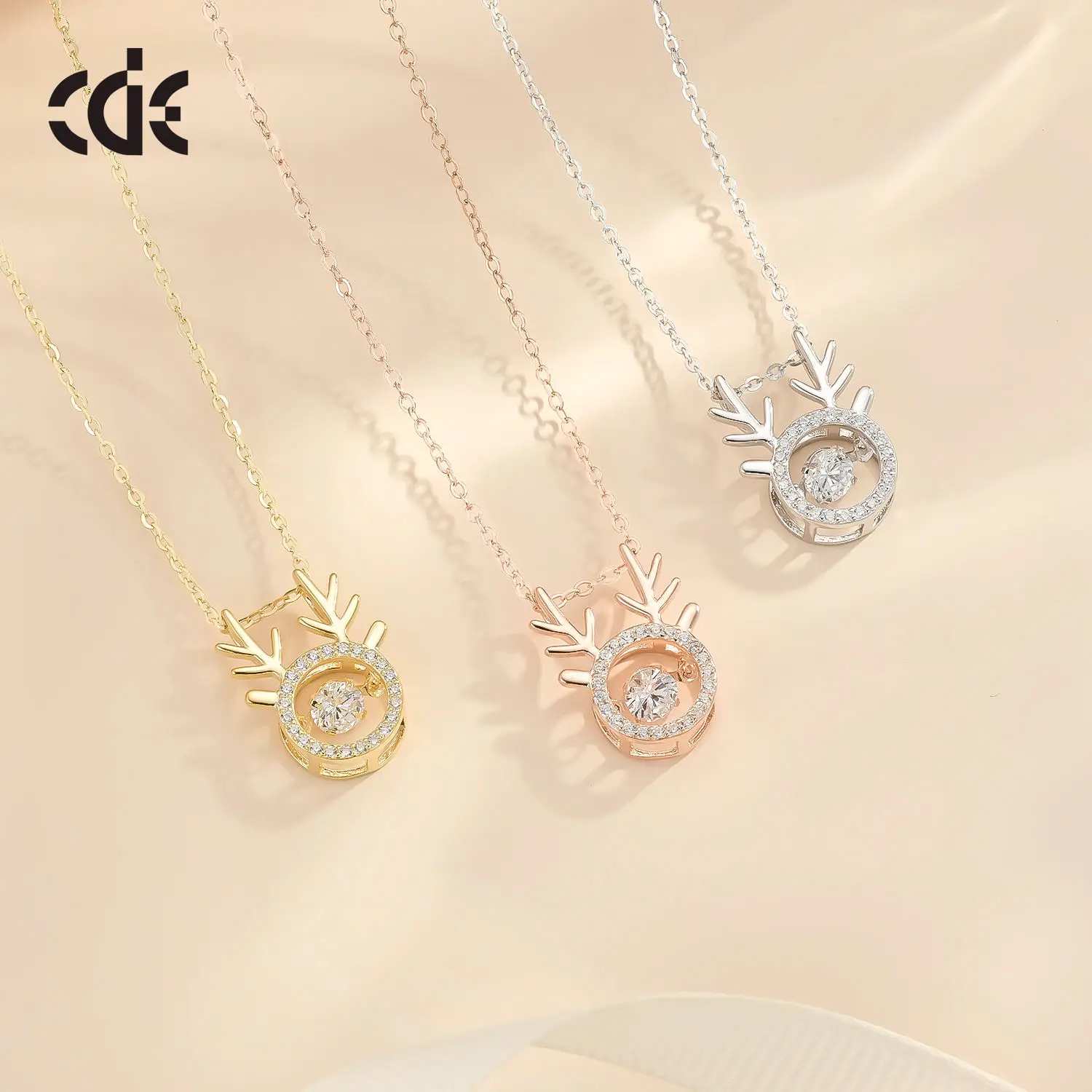 CDE CZYN018 Fine 925 Sterling Silver Jewelry 14K Gold Plated Necklace Wholesale Zircon Antler Christmas Pendant Necklace