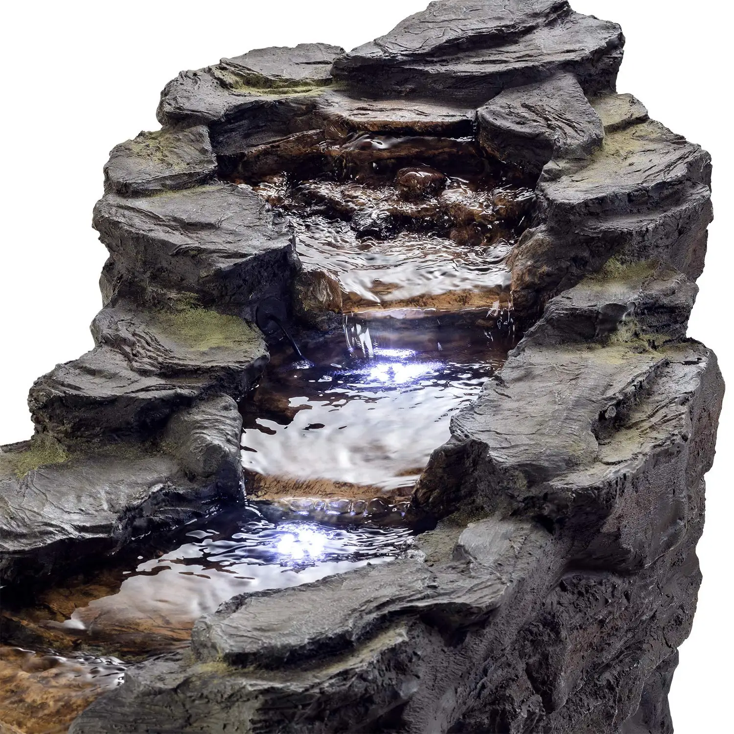 Simulated Stone Fiberglass Resin Outdoor Garden Decor White LED Lights Tiered Rocky River Stream Fountain