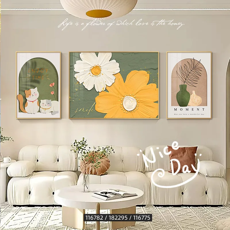 Floral Cat Gallery Wall Art Set Canvas Print Yellow White Daisies Green Earthy Tones Minimalist Whimsical Living Room Home Decor