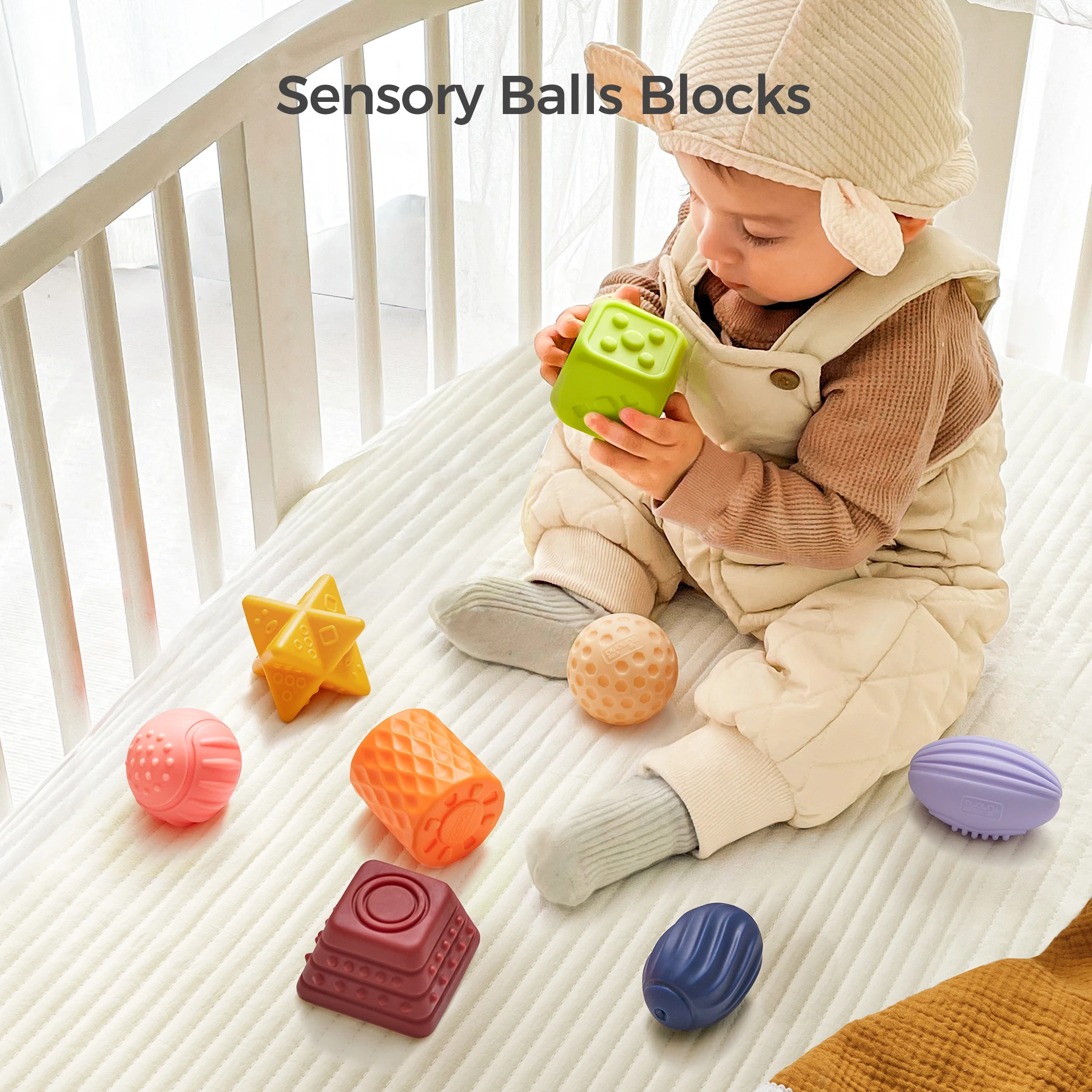Tumama Kids Colorful 8pcs Tactile Ball BPA Free Soft Block Baby Bath Toys Multi Textured Ball Sensory Toy Set for Babies
