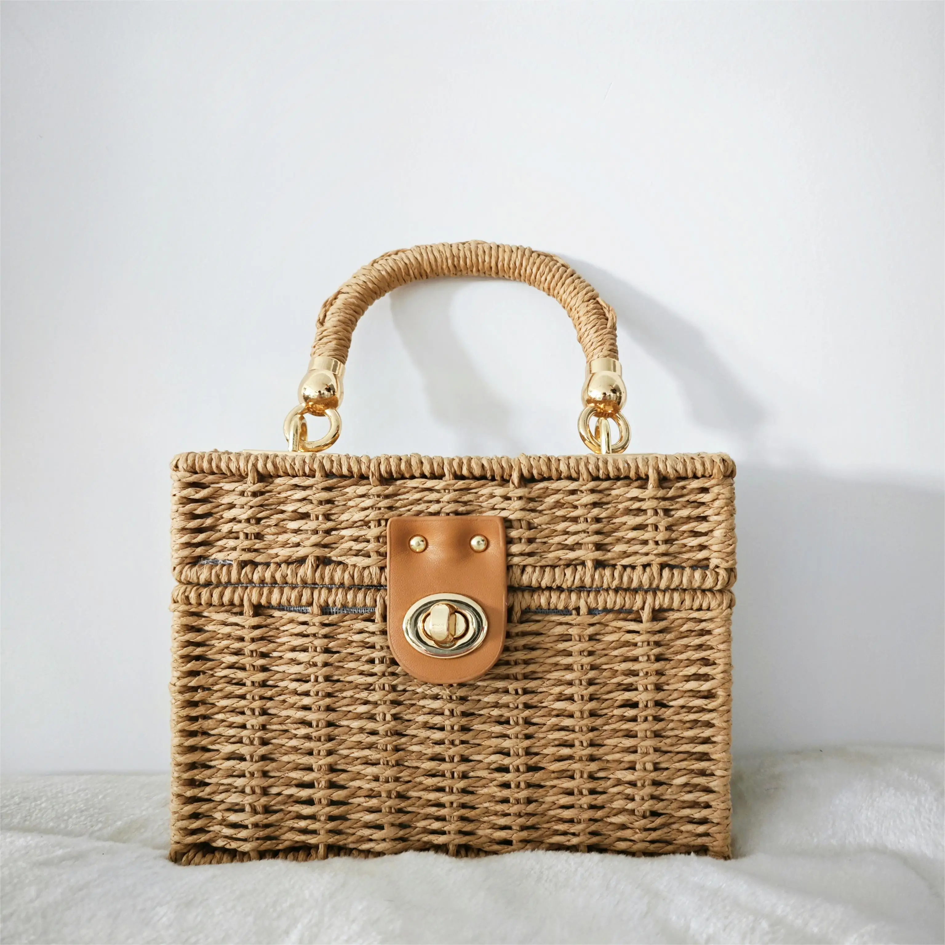 Fashion luxury woven paper rope handbag cuboid bag beach bag shopping