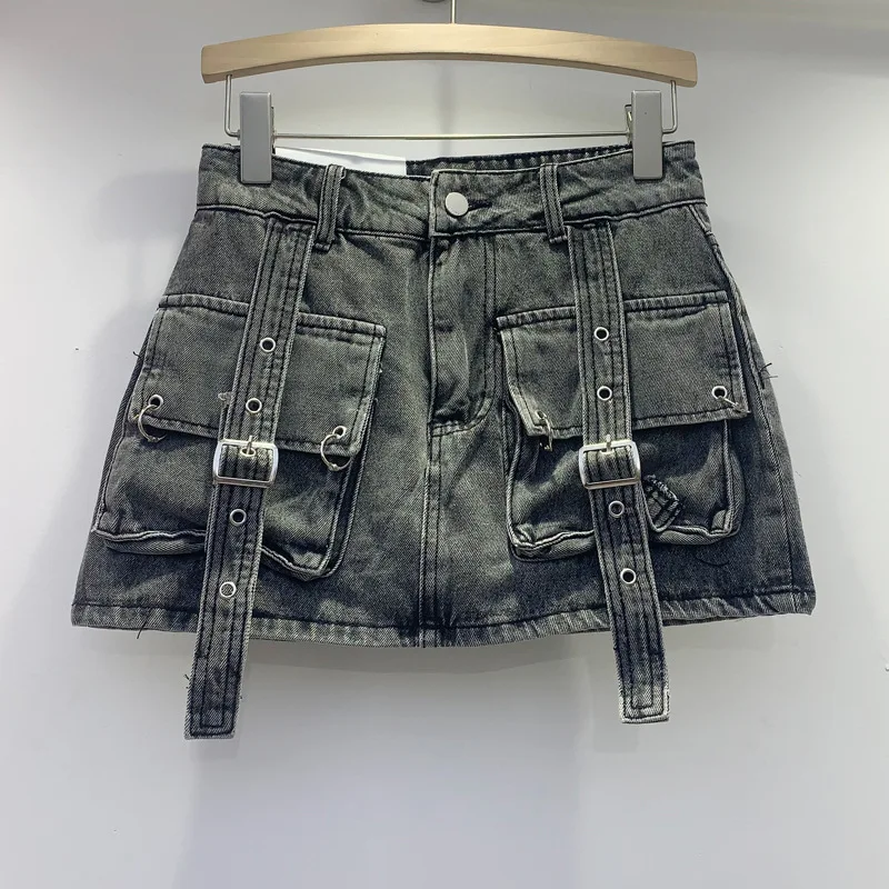 2024 Summer Women Big Pocket Vintage Short Jean Skirt Women's A-line Mini Skirt Streetwear Pocket Cargo Denim Skirt supplier