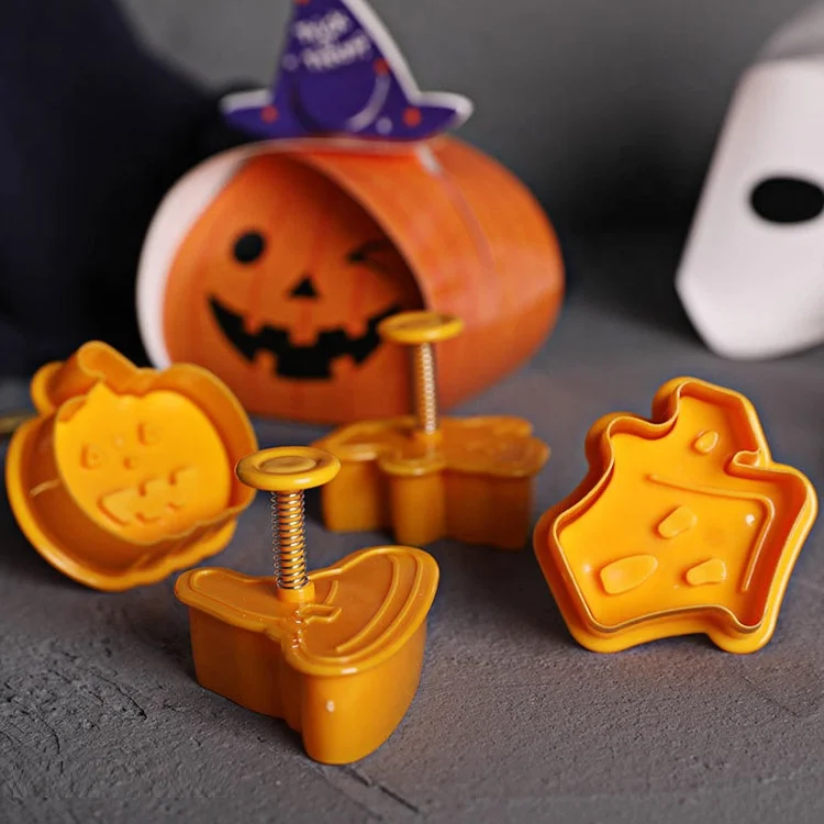 New 4pcs pumpkin hat gost house halloween shape plunger press 3d cute mini plastic custom cookie cutter