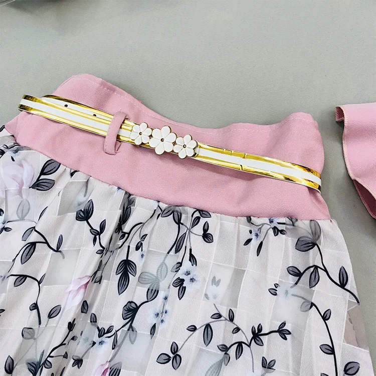Customize Unique Flower Decoration African Clothing Skirt For Girls Exclusive Short Sleeve Petal Skirt Belt Girls Clothing Set