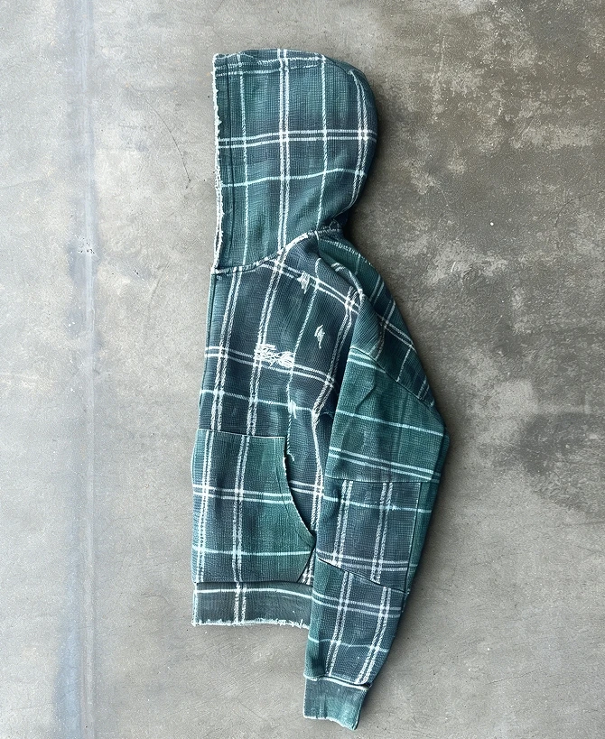 Custom Logo Plaid Flannel Waffle Knit Hooded Jacket Embroidery Double Layer Faded Zip up Acid Wash Distressed Hoodies for Men factory