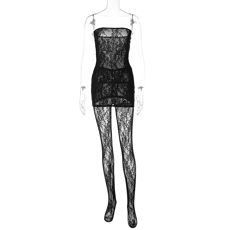 2024 Clubwear Women Sexy Mesh Lace Off Shoulder Dress With Stockings Set