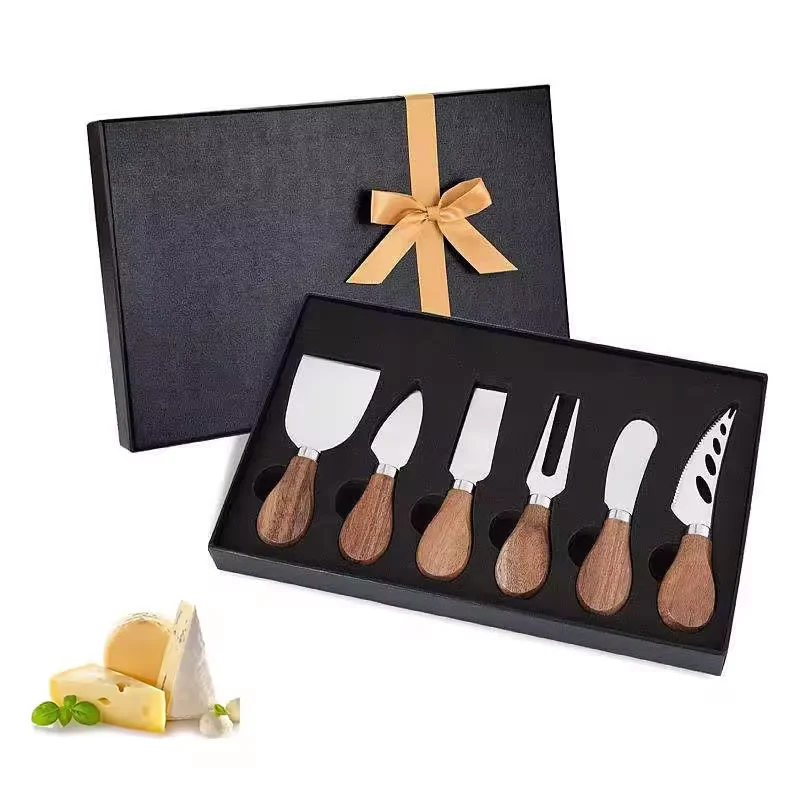 High Quality Kitchen Tools Cutter Butter Cheese Fork 6Pcs Gift Box Black Walnut Wood Handle Stainless Steel Cheese Knife Set