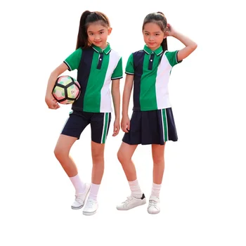 Customized Summer Primary School Girls 100% Cotton Polo Shirt Skirt Set Sportswear Running Playground Kids School Uniform