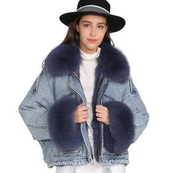 2019 Winter New Style Jacket with Real Fur High Quality Real Fur Parka Coat Woman Oversize Bat Sleeve Fox Fur Denim Coat
