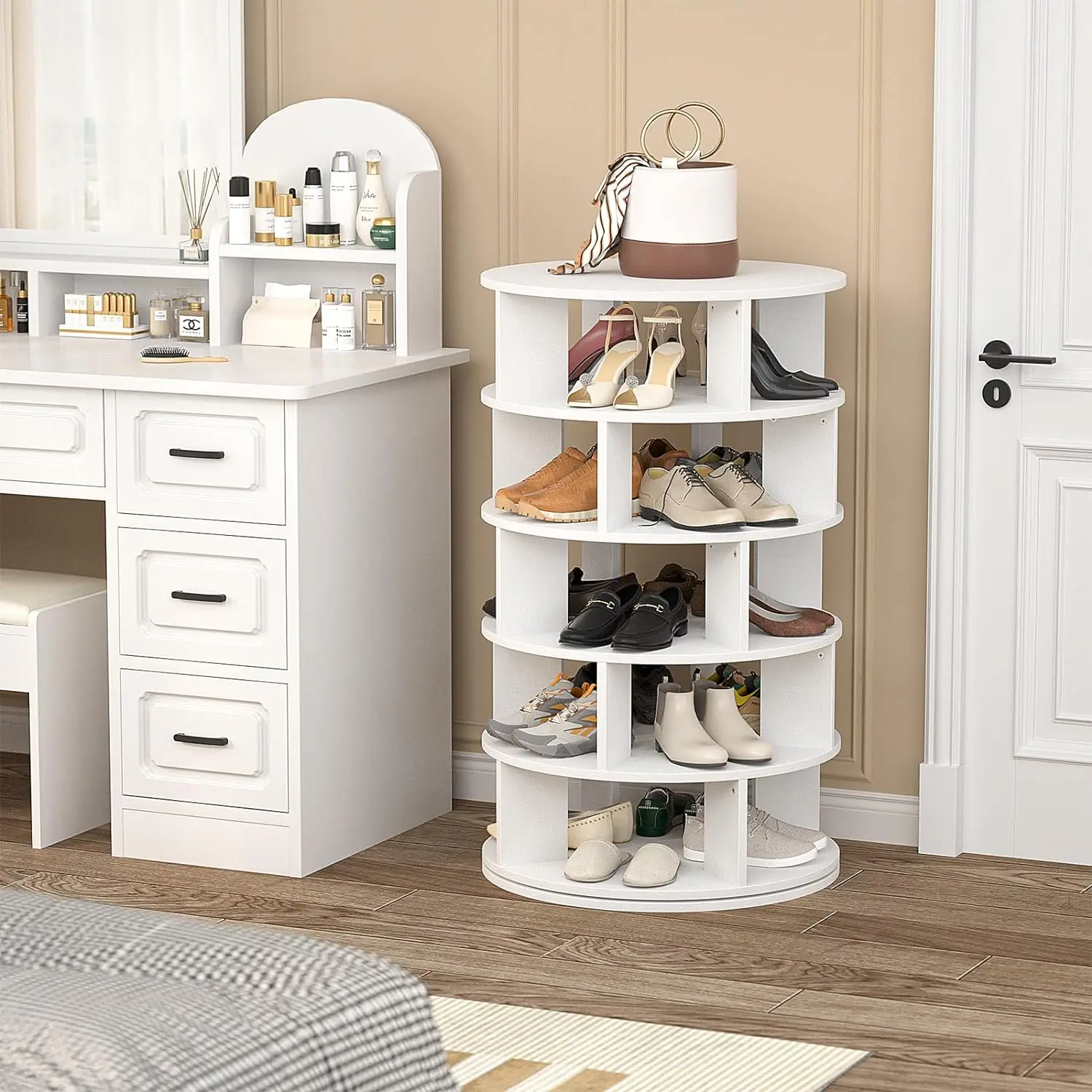 product rotating 5 tier wood shoe organizer stackable spinning shoe rack tower space saving shoe storage shelf for entryway-5