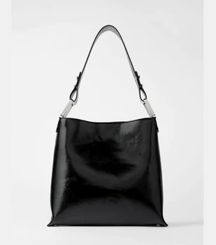 Black crackled rock bucket bag wholesale patent leather PU Shoulder bag with metal handbag for women