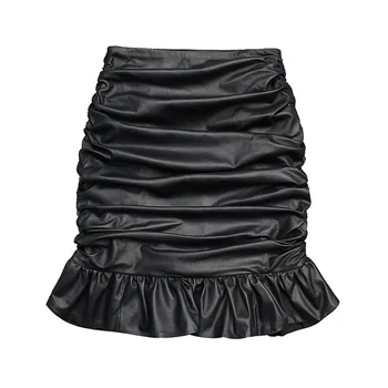 Plicated High Waist Sheepskin Pencil Black Leather Skirts Skinny Pleated Mini Leather Skirt for Ladies
