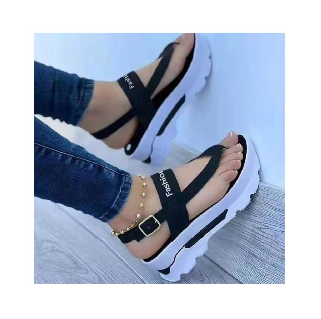 2024 summer new cross-border large size wedge toe buckle sandals female thick soled Roman sandals female