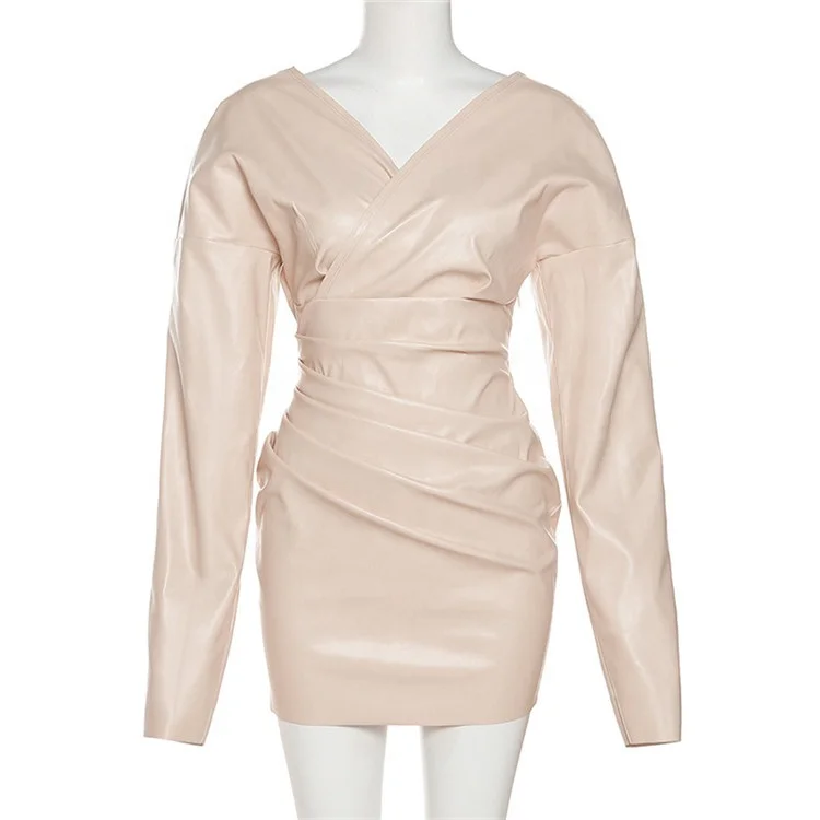 2023 Autumn Women Long Sleeve Pu Leather Bodycon Party Club Streetwear Mini Dress