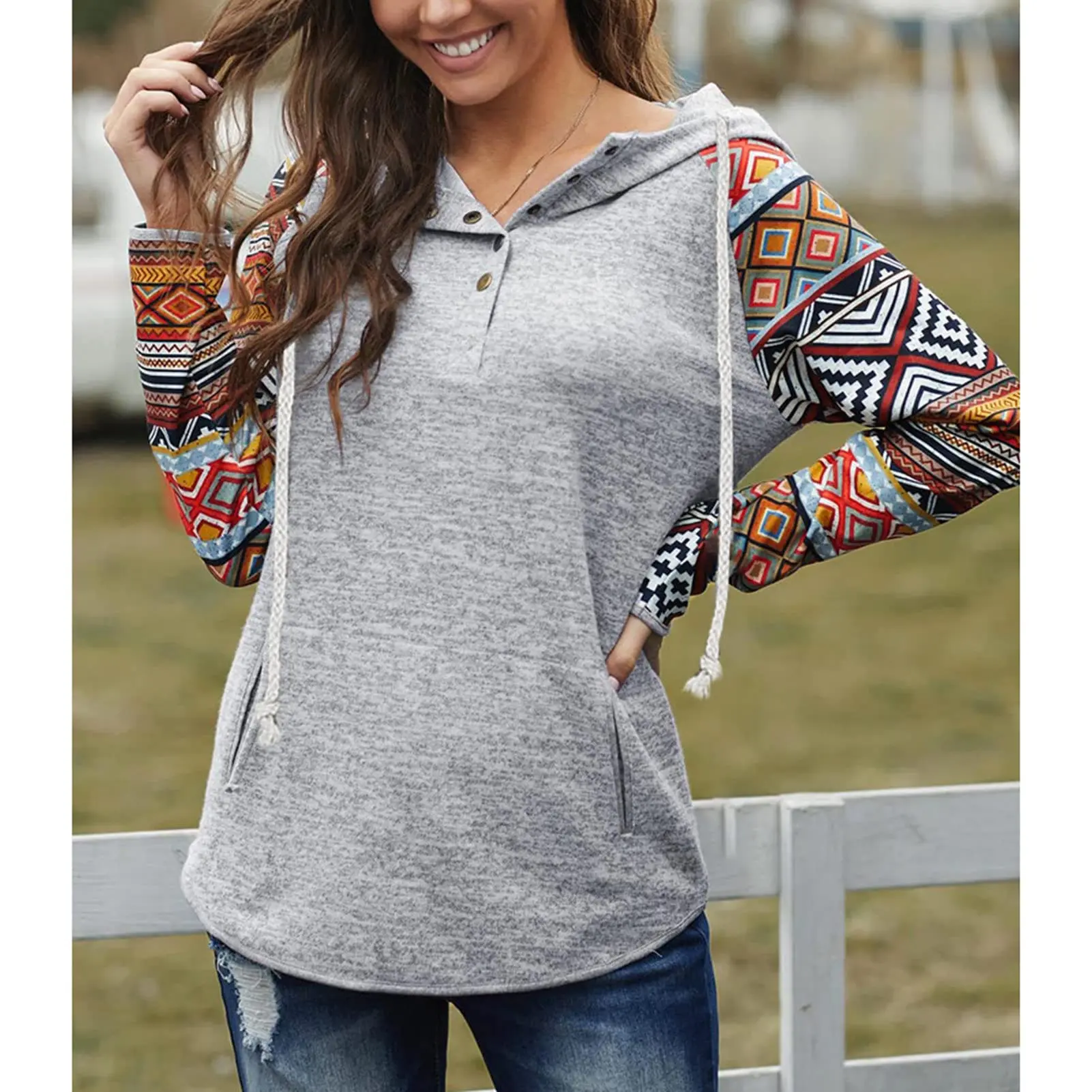 Casual Trendy Long Sleeve Aztec Cotton Hoodie Women's Hooded Sweatshirt Button Neckline Drawstring Hoodies