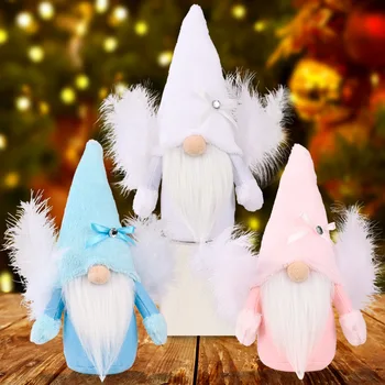2022 Christmas Ornament Handmade Plush Christmas Gnome Decoration Swedish Figurines With White Angel Feather Wings