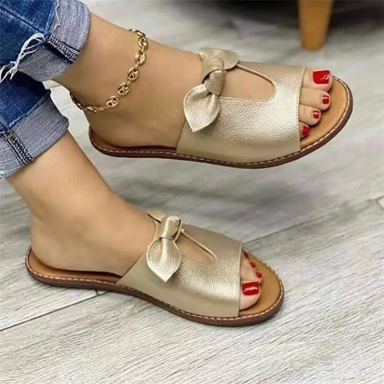 Summer Bow Hollowed Out Women's Slippers 2024 New Wholesale Large Size Female High Quality PU Rubber Summer Shoes Gua Platform
