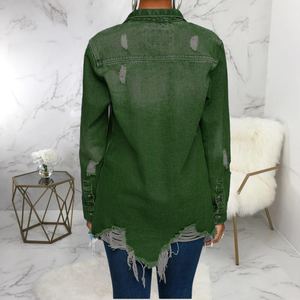 Hot Selling Women's Casual Long Sleeve Denim Shirts Loose Fit Ruffled Collar Solid Pattern Blouse Top Direct Wholesales details