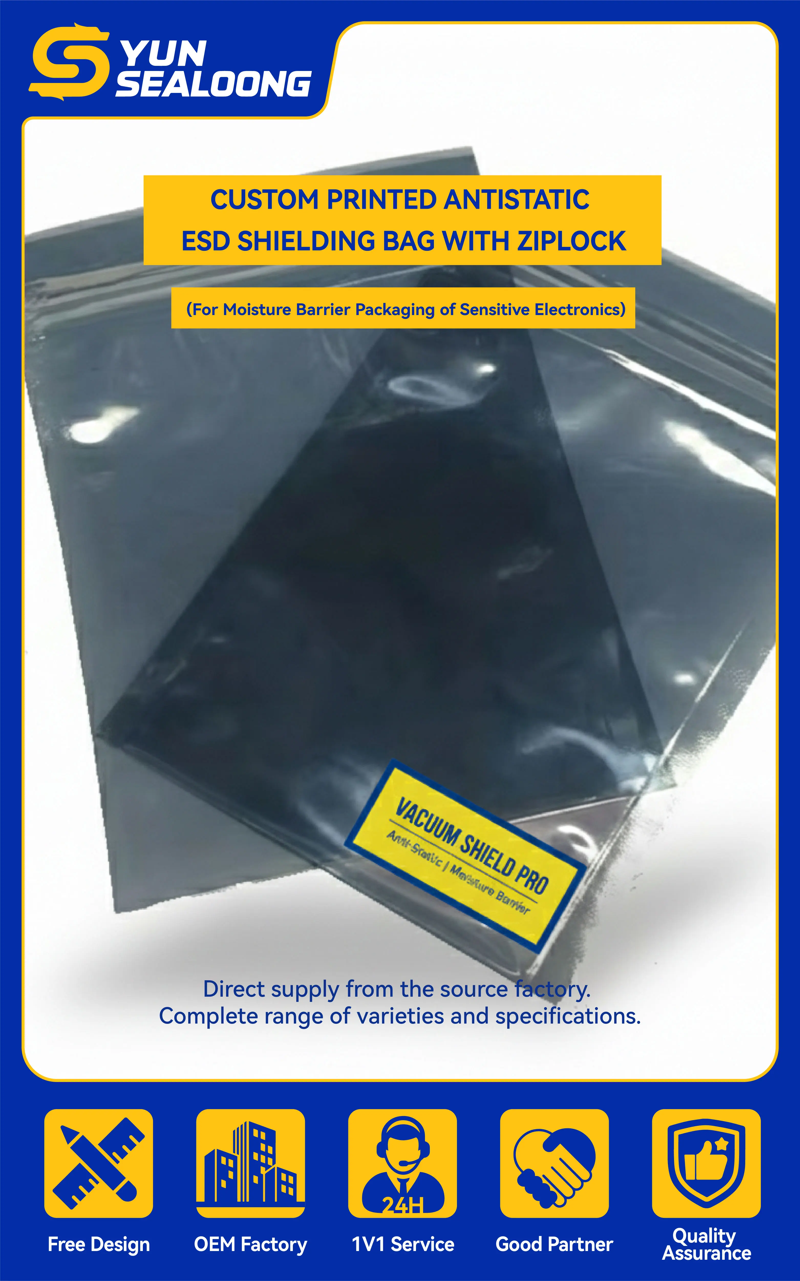 Custom Printed Antistatic ESD Shielding Bag with Ziplock for Moisture Barrier Packaging of Sensitive Electronics