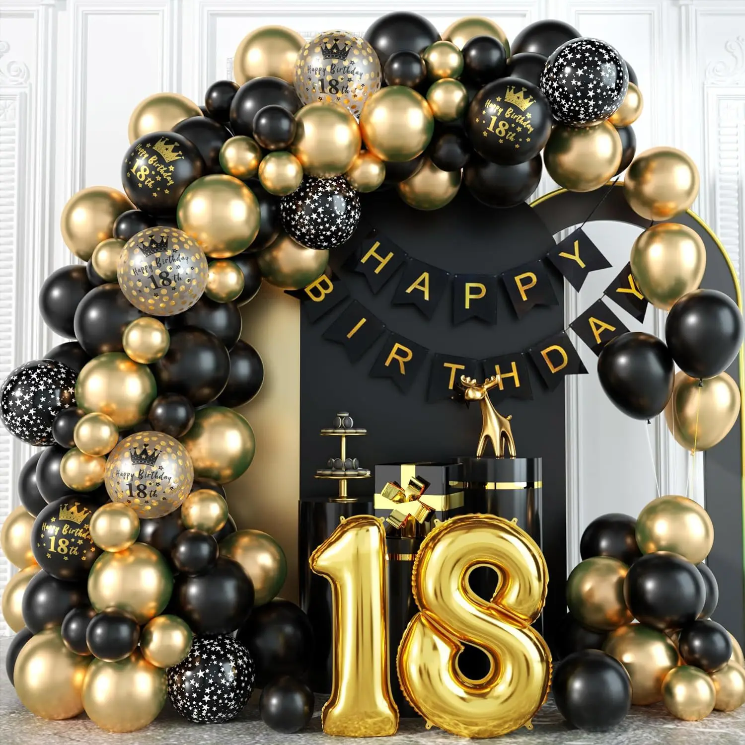 18th Birthday Decorations Boys Black Gold Balloons Arch Kit with Number Foil Confetti Balloon Happy Birthday Banner Party Decor