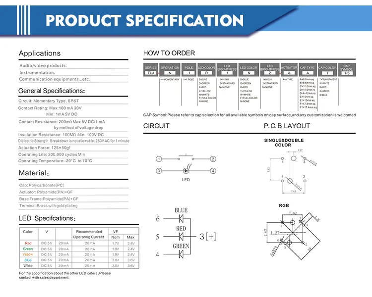 Lakeview TL3  Long Life Cycles 6mm 8.6mm 11mm 12mm 15mm 17.4mm Momentary Super Bright Illuminated Tact Tactile Key Button Switch