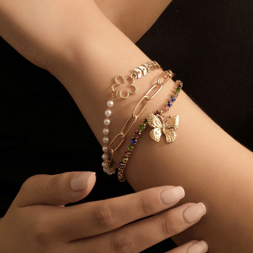 New multi layered bracelet butterfly flowers, wheat ears, pearls and colored diamond chains temperament luxury jewelry