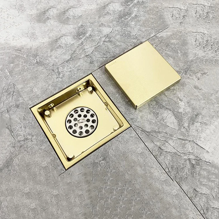 Modern Square Brushed Gold Bathroom Shower Floor Drain Stainless Steel