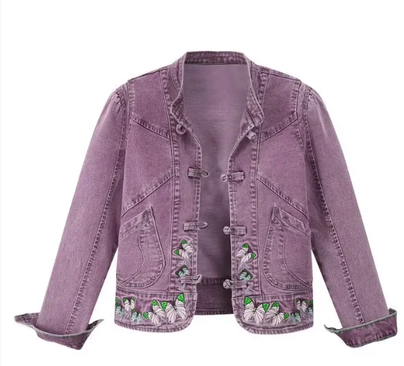 New Chinese Style Embroidered Stretch Denim Jackets Customized Button Women's Short Jacket Top Loose manufacture