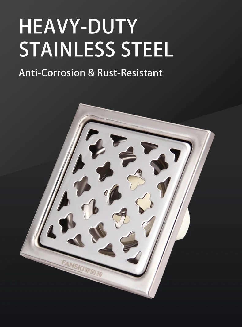Modern Style Anti-Odor 4 Inch Stainless Steel Floor Traps Square Pattern for Bathroom Shower Drains Hotels Hospitals Toilets factory
