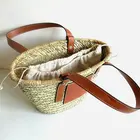 Bag Trendy Rattan PU Handle Summer Beach Straw Bag Top Handle Pocket Tote Basket Handbag Purse Wholesale