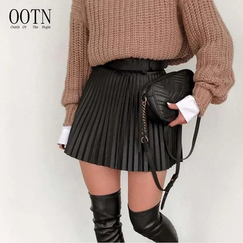 OOTN High waist Sexy Black Female Short Skirt Fashion Ladies Bottoms 2021 Summer Pleated Faux Leather Women's Mini Skirt