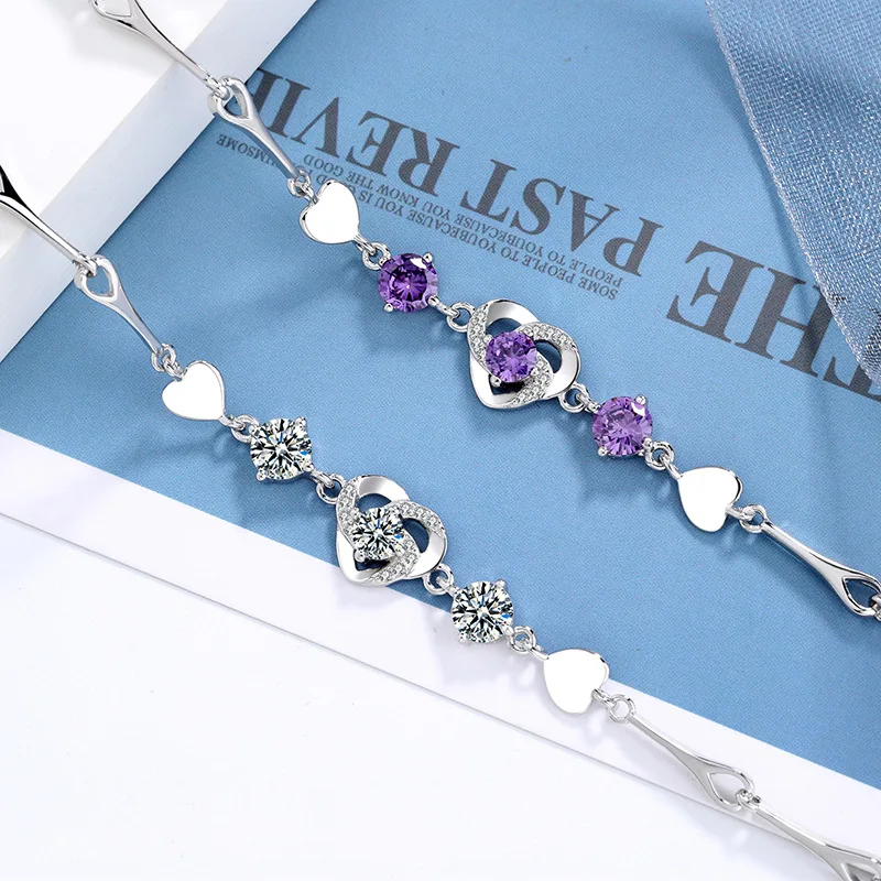 new arrival rotating diamond charm bracelets women,925 sterling silver heart shape chain bracelets jewelry