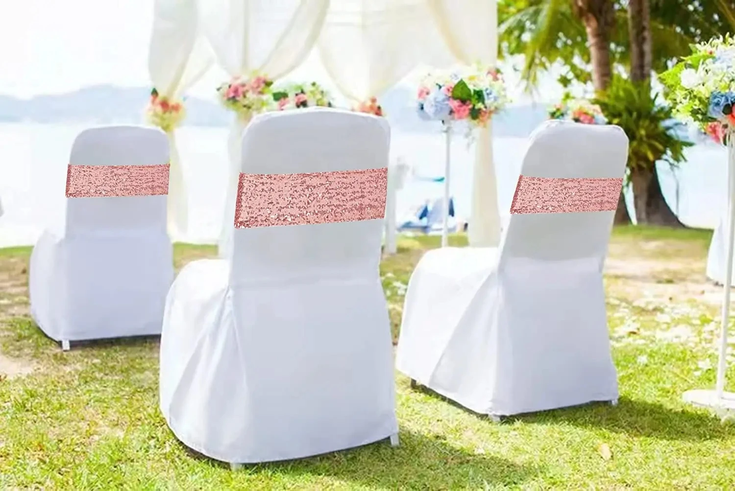 thumbnail image 2 of 50 Pack Sequin Chair Sashes - Stretchy Spandex Bands For Wedding Chair Decor 2 of 13