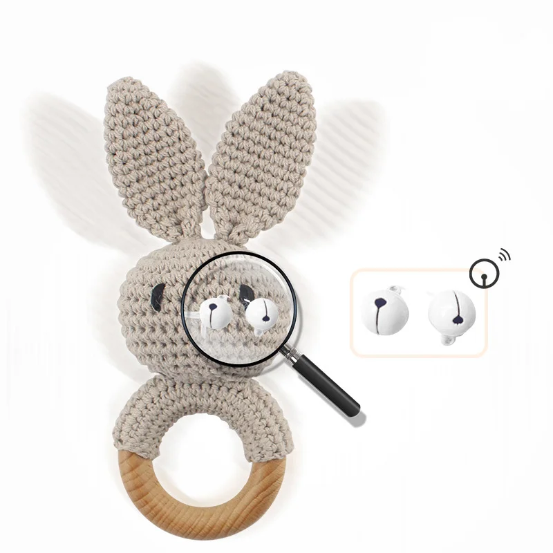 Popular Baby Animal Crochet Rattle Knitting Teether Ring Bunny Chew Toy Wooden Cotton Crochet Bunny Teething Ring Baby Toys