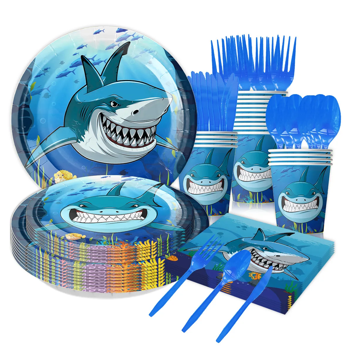 Blue Shark Theme Birthday Party Tableware Set Disposable Party Decorations Disposable Paper Plates And Cups