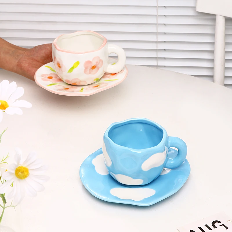 Irregular Shape Little Flower Handmade Pottery Clay Coffee Mug Cups Handmade Ceramic Porcelain Mugs factory