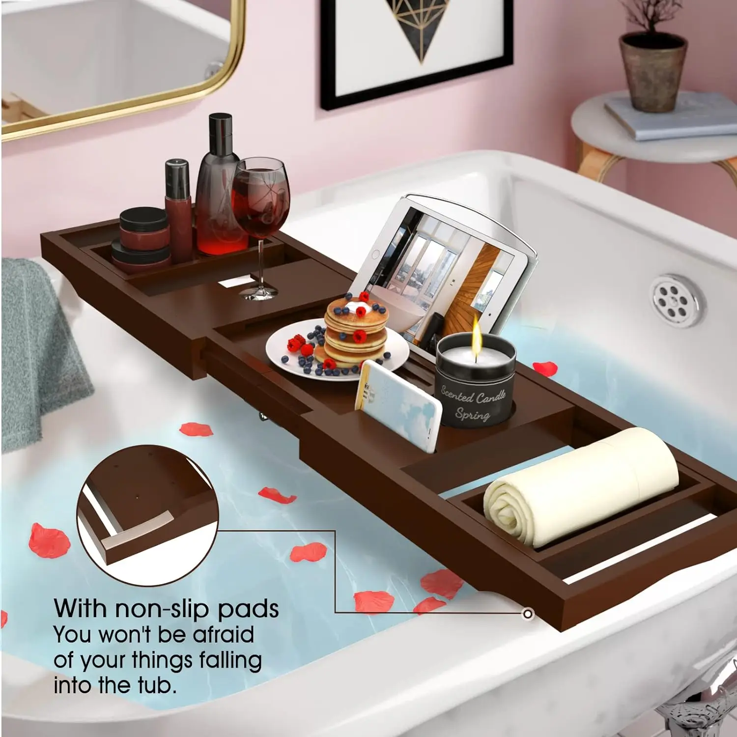 product eco friendly foldable bamboo bath table tray with book and wine glass holder bathtub caddy tray for home-4