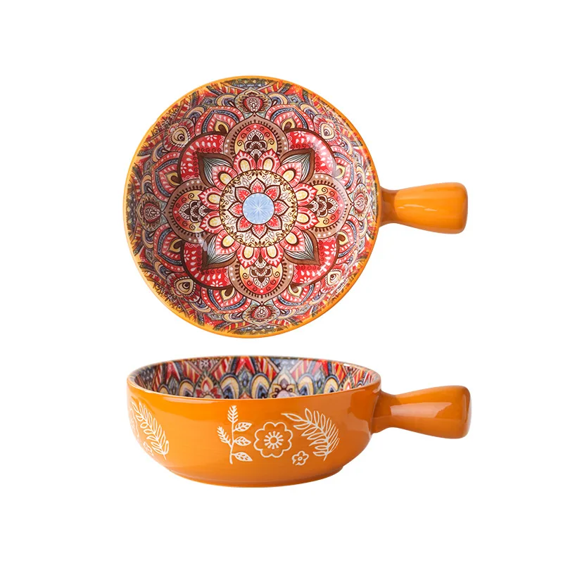 product wholesale durable bohemian ceramic single handle bowl creative relief handle bowl colorful ceramic dinnerware set560-8