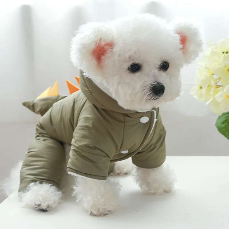 Cute Dog Luxury Clothes Green Yellow Dinosaur Dog Coats Pet Clothes Winter Warming Proof Wind Dog Apparel Clothes details