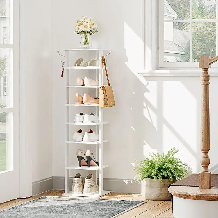 Wholesale White Tall Narrow Shoe Stand Storage 8 Tier Vertical Small Shoe Racks Organiser Wood Shelves for Shoes Bedroom