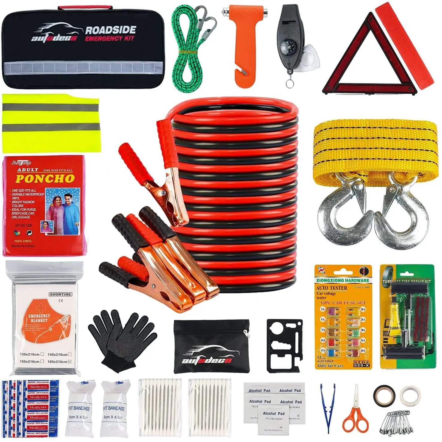 65pcs Premium Car Roadside Emergency Kit With Jumper Cables Tow Strap Emergency Car Tool Kit
