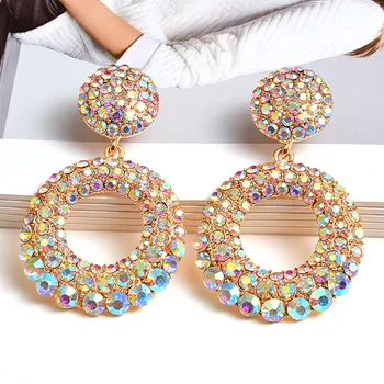 2021 Fashion Jewelry New Arrival Statement Round Colorful Rhinestone Long Drop Earrings Geometric Crystal Hoop Drop Earrings