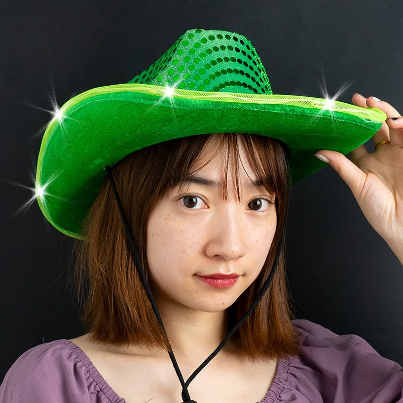 GREEN Light Up LED Flashing Cowboy Hat with GREEN Sequins 