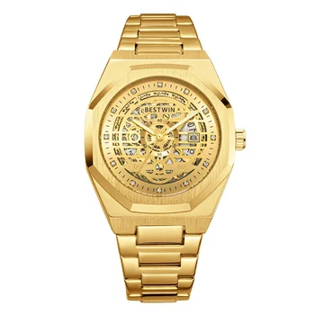 BESTWIN men's watch alloy hollow dial luminous mechanical watch calendar waterproof quartz men's watch