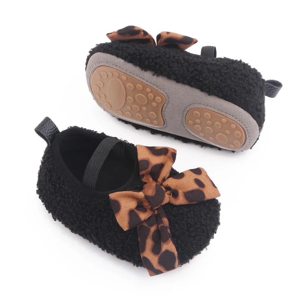 0-1 Year Old Infants Foot Set Solid Color Teddy Velvet Leopard Bow Baby Girls Cute Soft Soled Toddler Shoes manufacture
